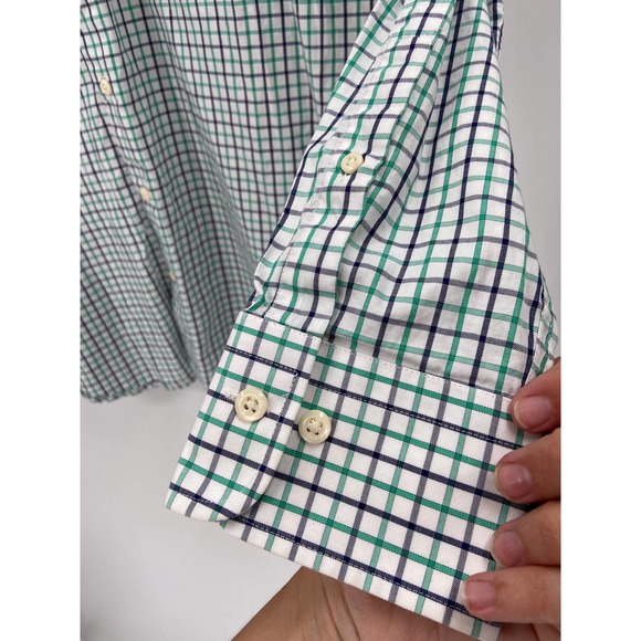 Peter Millar White Green Blue Striped Plaid Cotton Long Sleeve Button Down Shirt - Picture 3 of 6